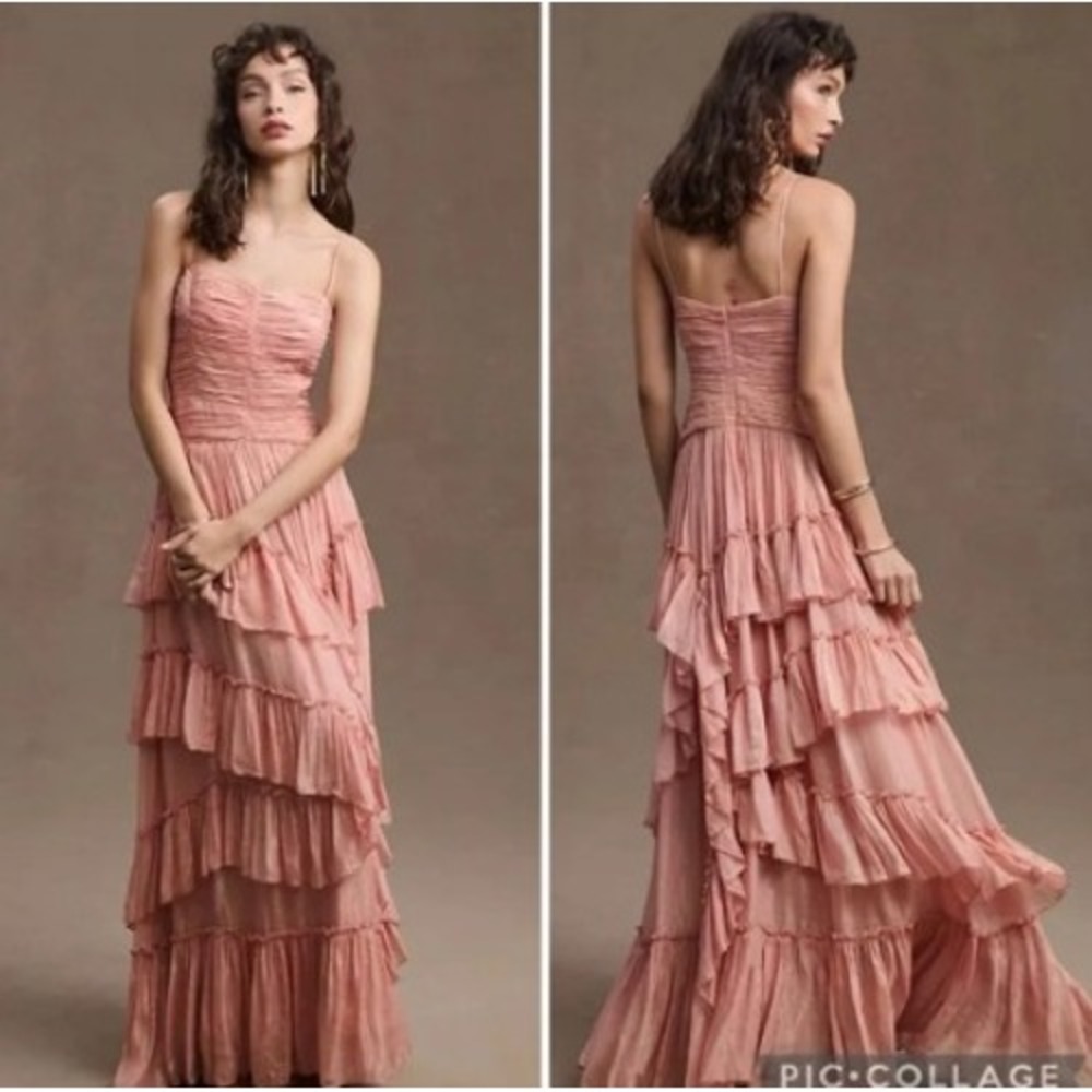 BHLDN Jessa Maxi Dress 10 Pink Gold Metallic NWT Tiered Ruffle Formal Gown